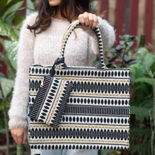Black And White Box Style Tote Bag With A Pouch