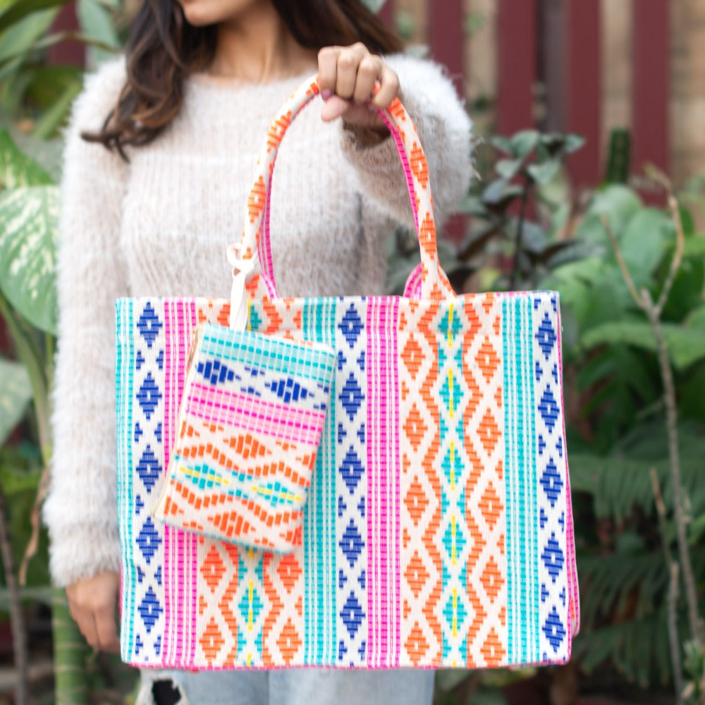 Multicoloured Jacquard Tote Bag With Utility Pouch