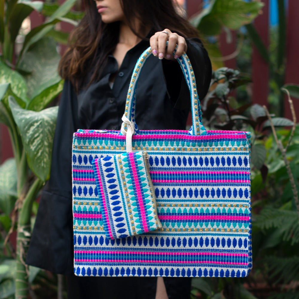 Multicoloured Box Style Tote Bag With A Pouch