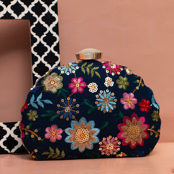 Blue Floral Sequins Embroidery Party Clutch