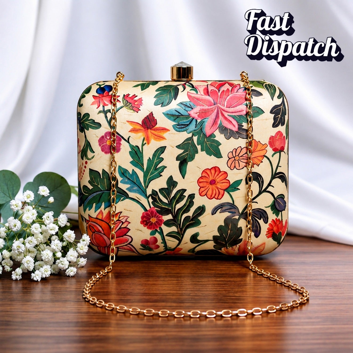 Artklim Cream Floral Printed Clutch