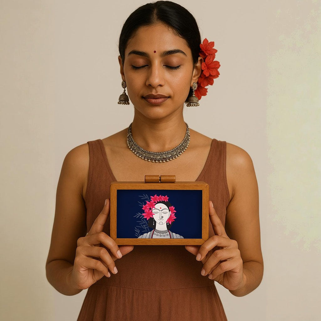 Artklim Flower Lady Printed Wooden Clutch