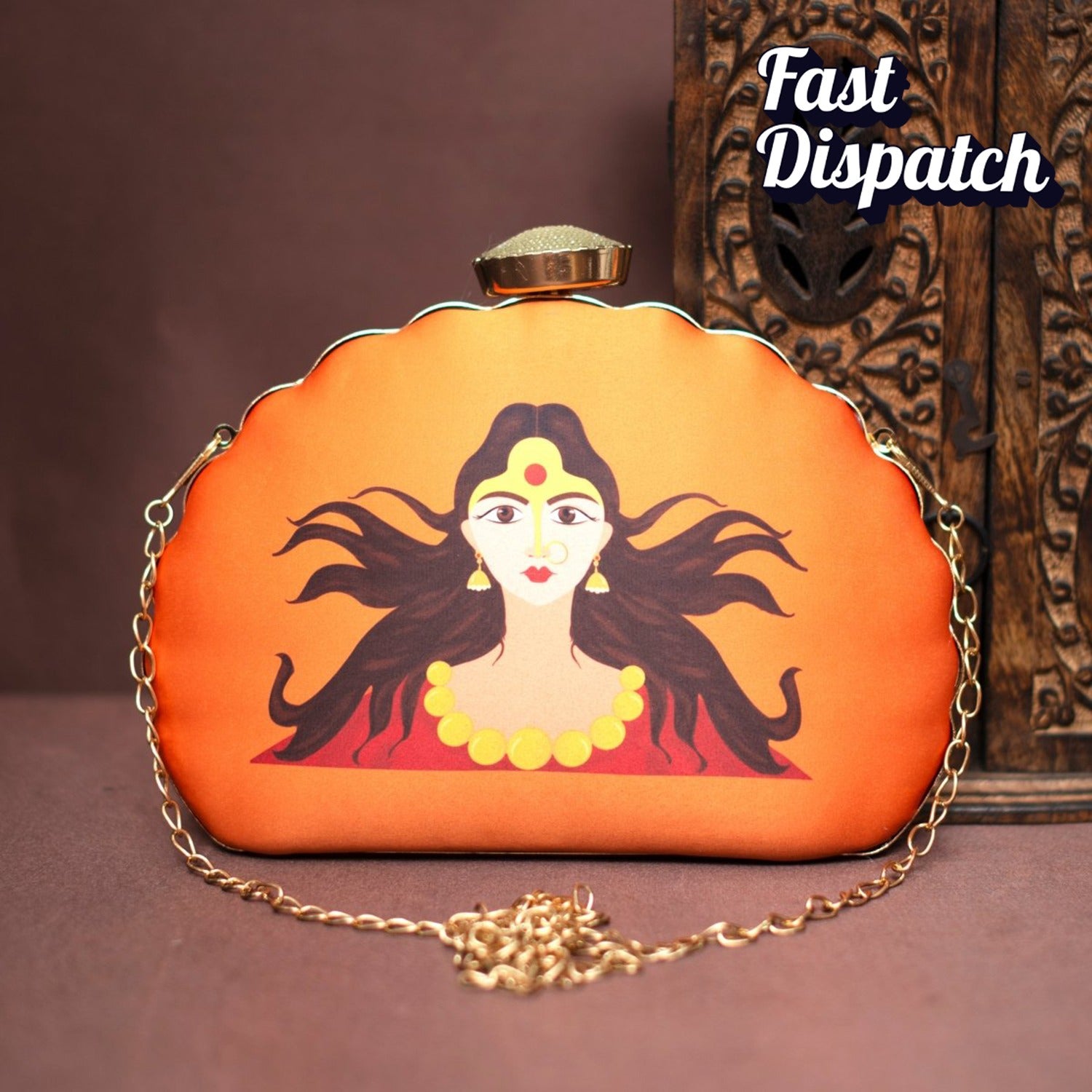 Artklim Orange Durga Printed D-Shape Clutch