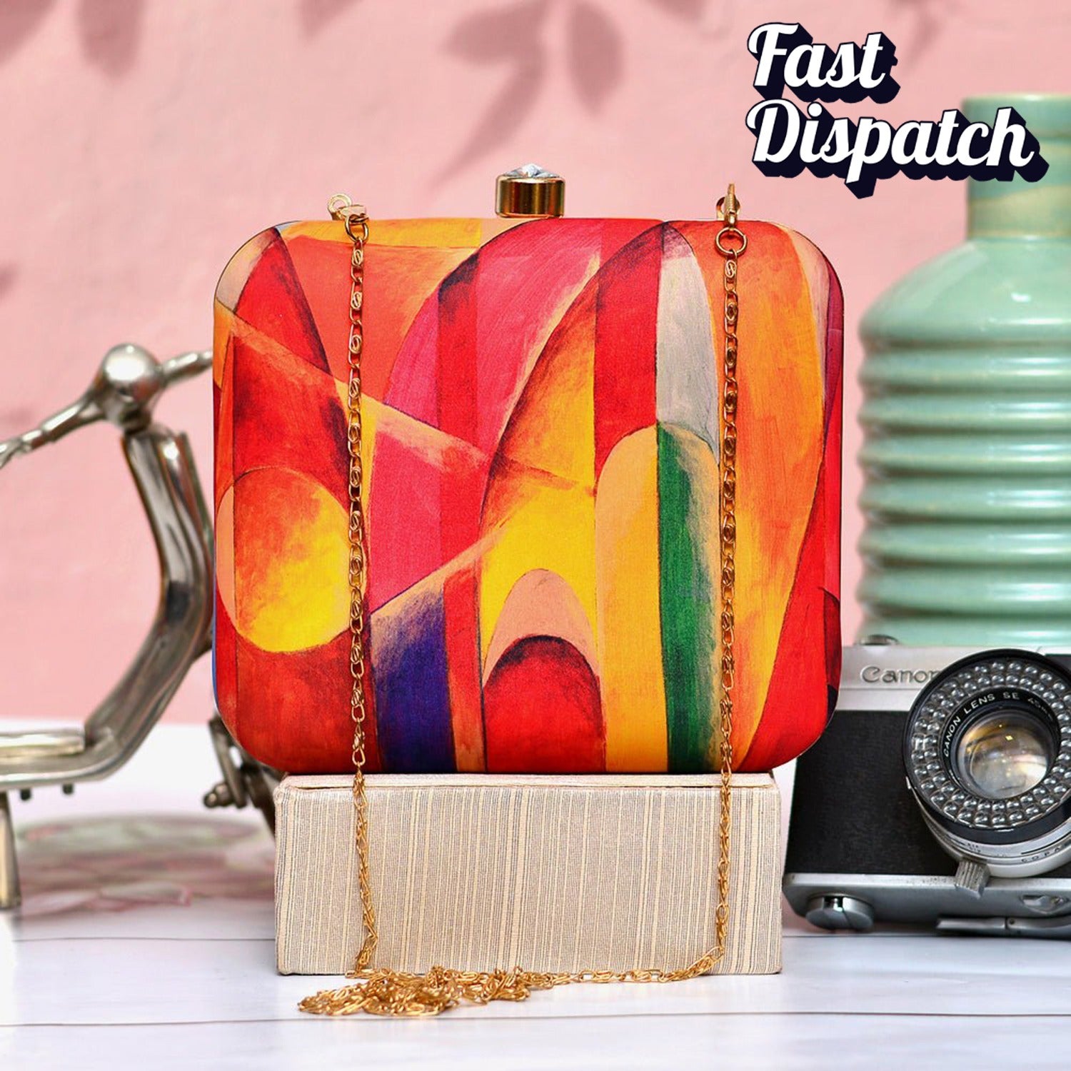 Orange-Yellow Pattern Printed Clutch