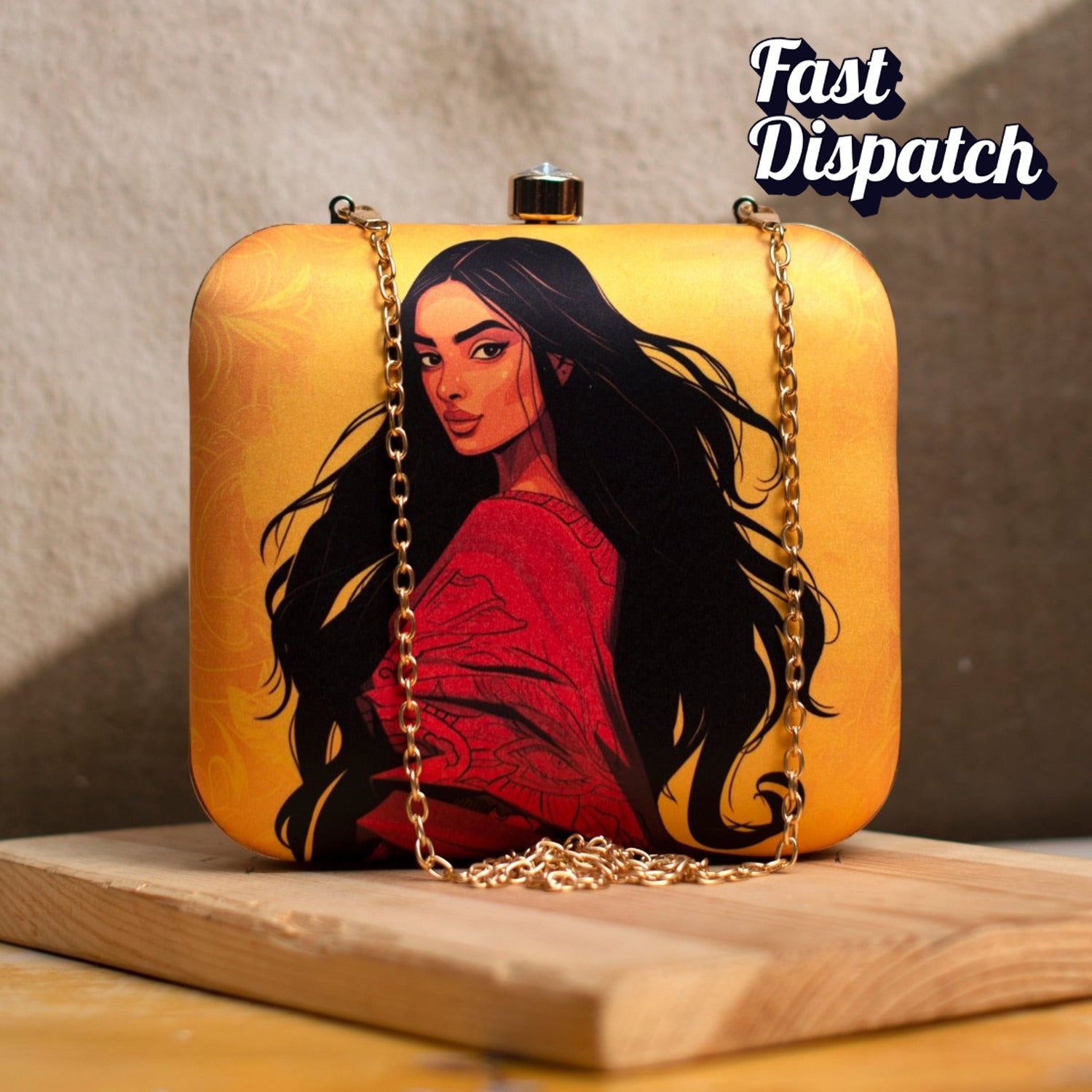 Yellow Long Hair Lady Printed Clutch