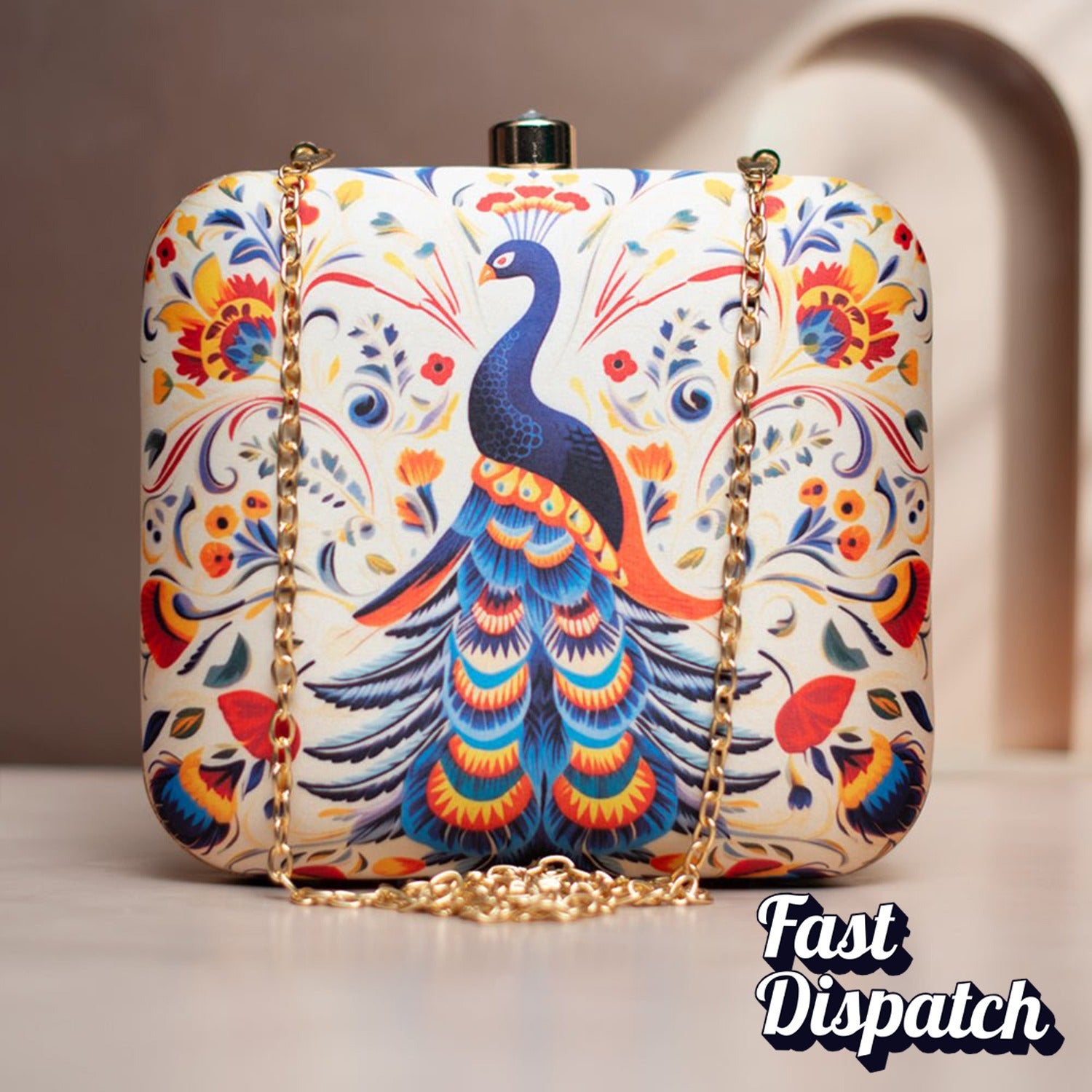 White Based Peacock Printed Clutch