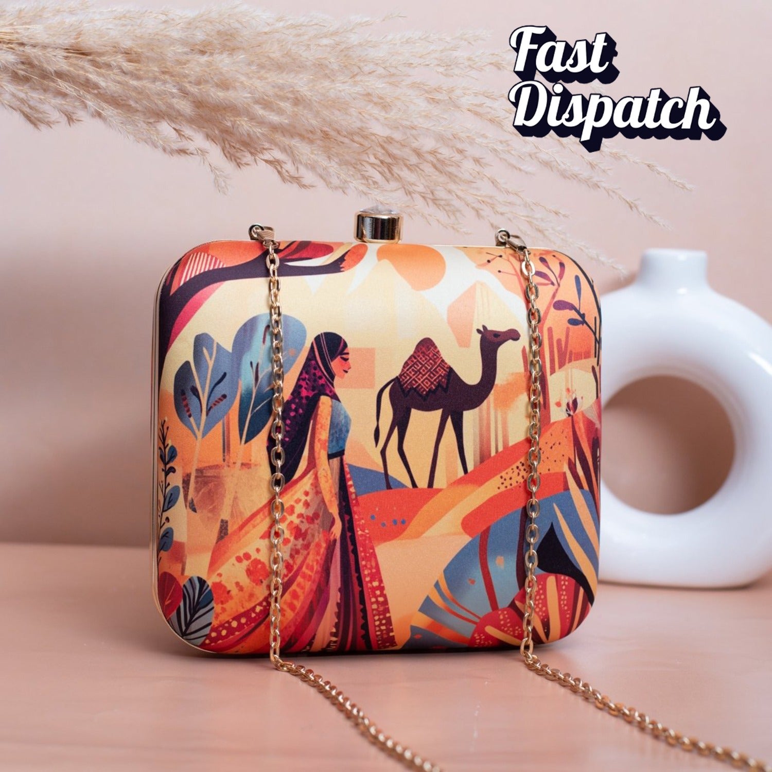 Artklim Beige Based Women with Camel Printed Clutch