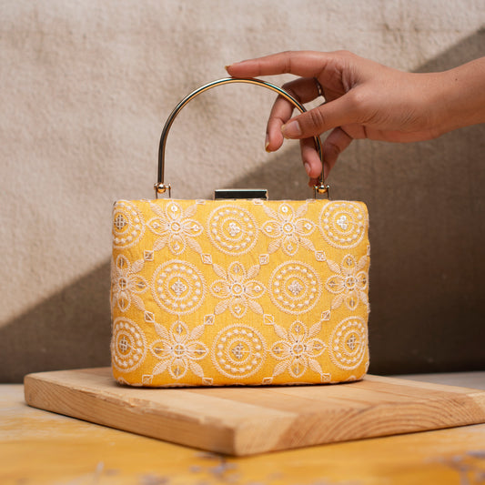 Yellow Multipattern Floral Embroidery Clutch