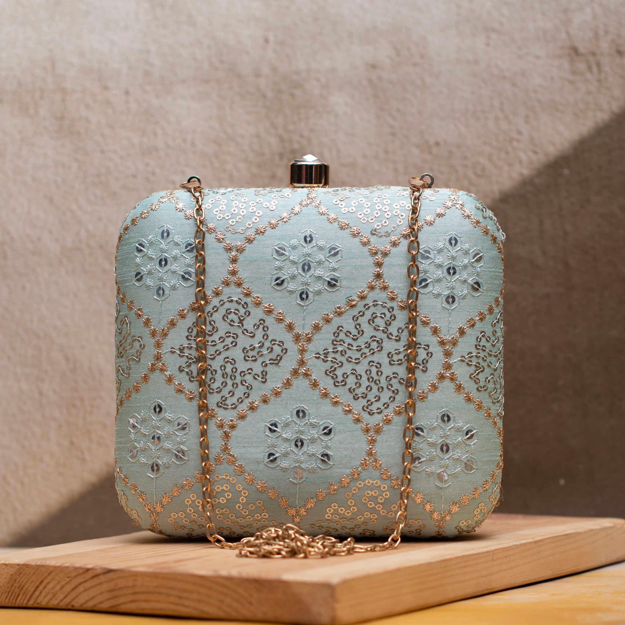 Sky Blue Multipattern Sequins Embroidery Clutch