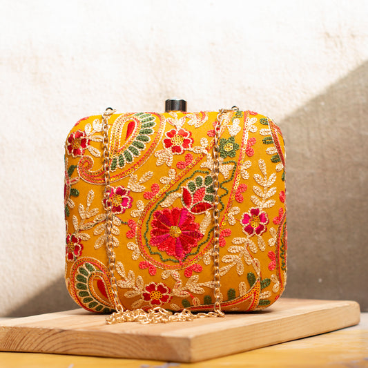 Yellow Multicolor Threadwork Embroidery Clutch