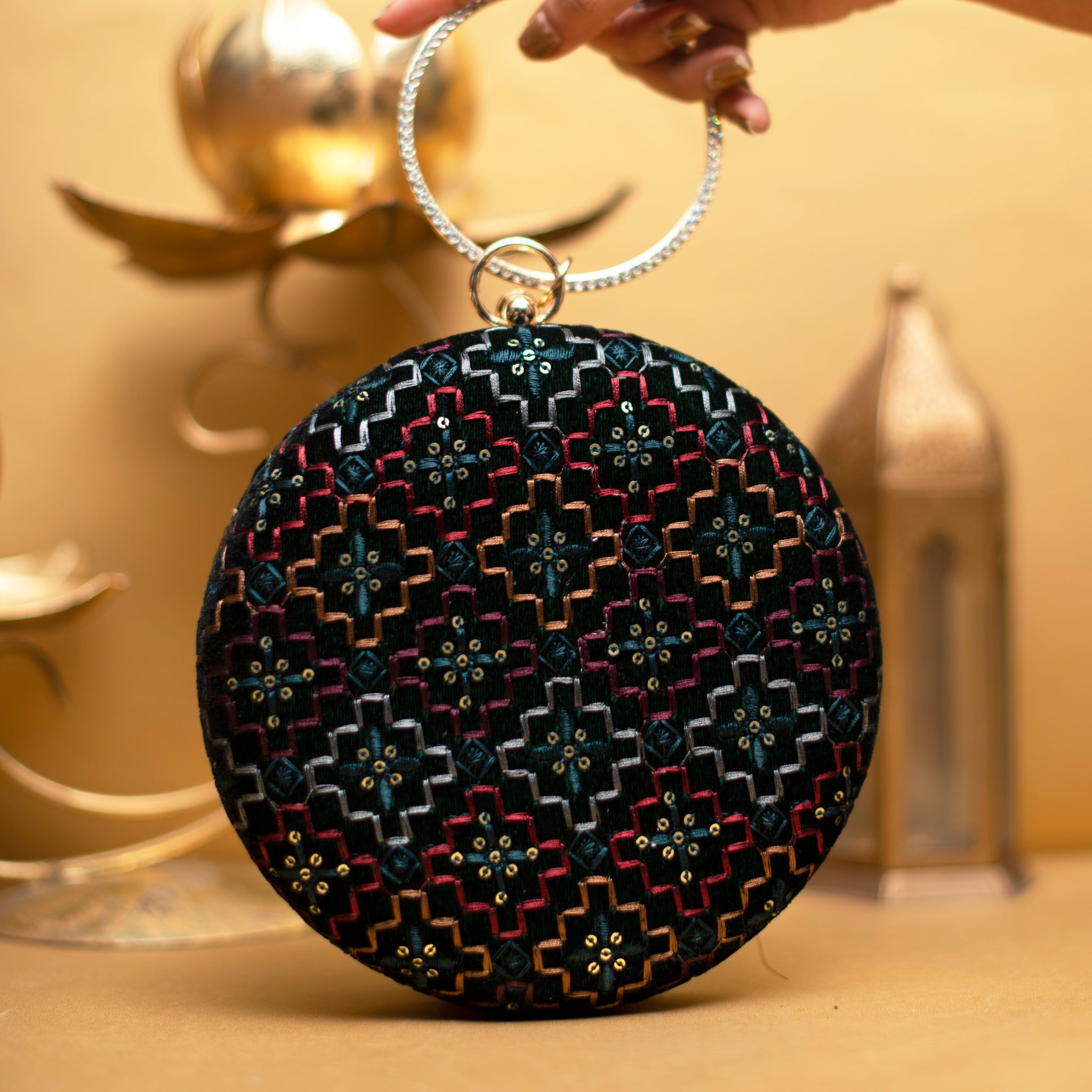 Multicolour Embroidery Round Clutch