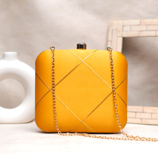 Yellow And Golden Checks Embroidery Clutch