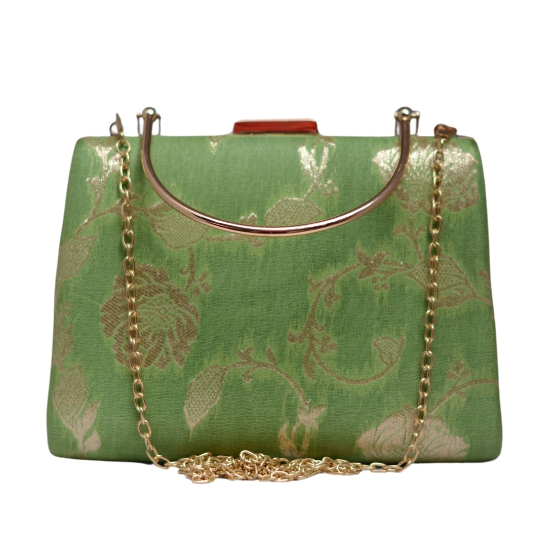 Green And Golden Floral Brocade Fabric Clutch