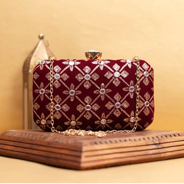 Maroon Sequins Rectangle Embroidery Clutch