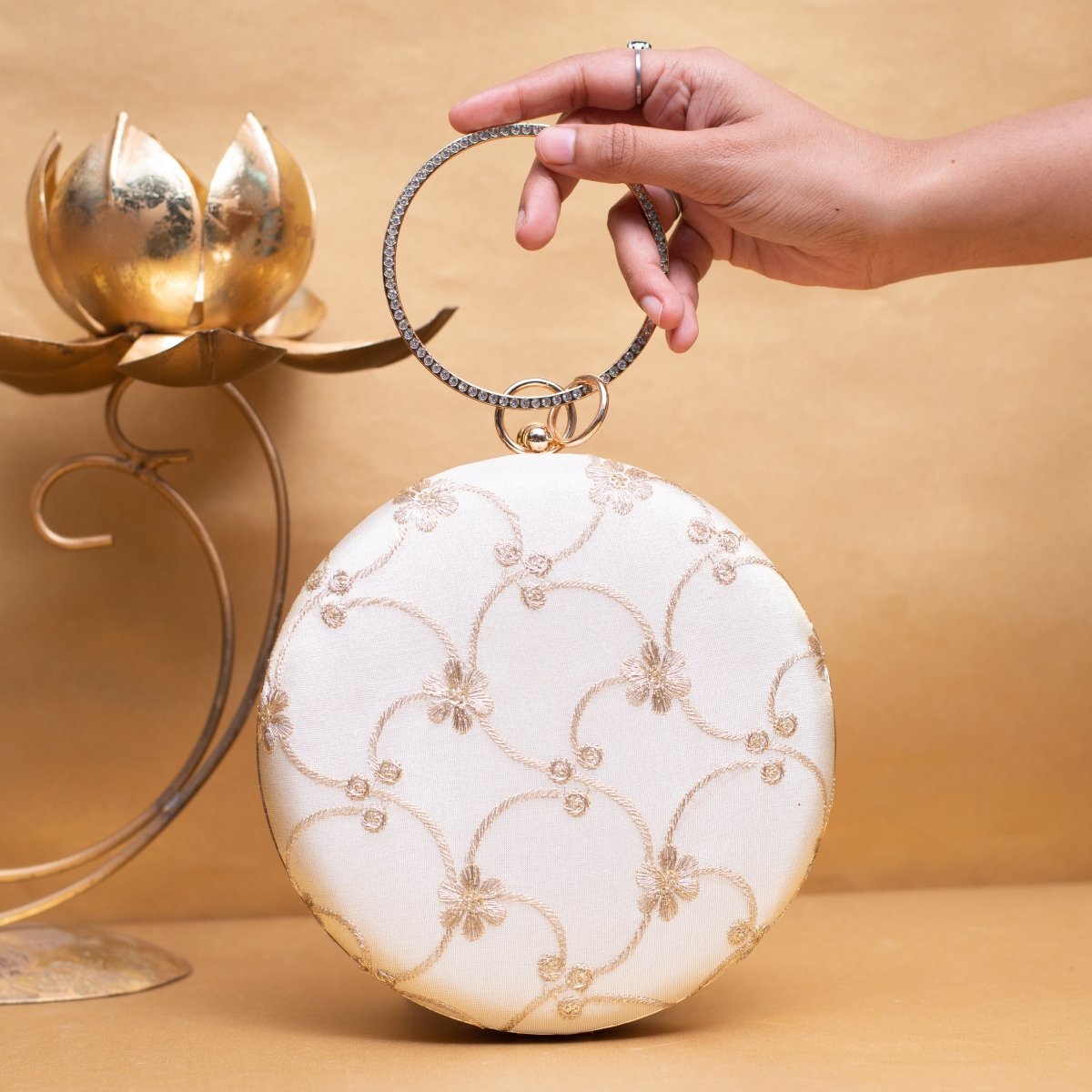 White And Beige Thread Embroidery Fabric Clutch