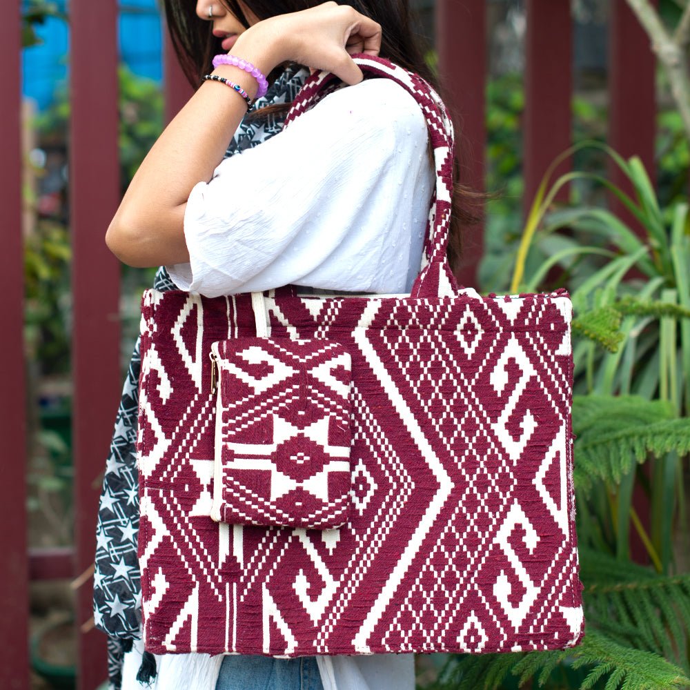 White And Wine Jacquard Box Style Tote bag