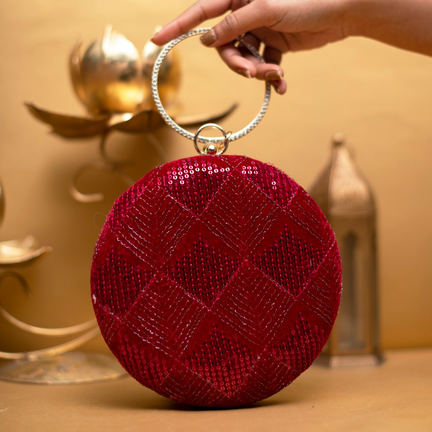 Red and Silver Embroidery Round Clutch
