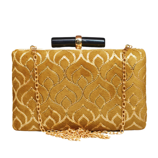Golden Feather Pattern Sequins Embroidery Clutch
