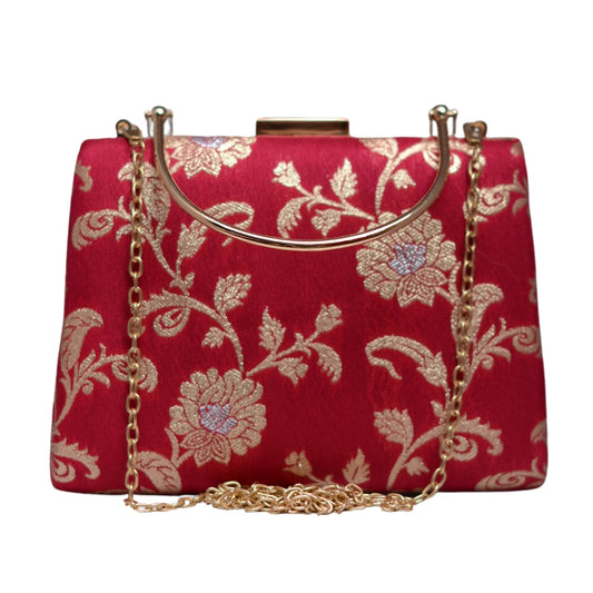 Red And Golden Floral Brocade Fabric Clutch
