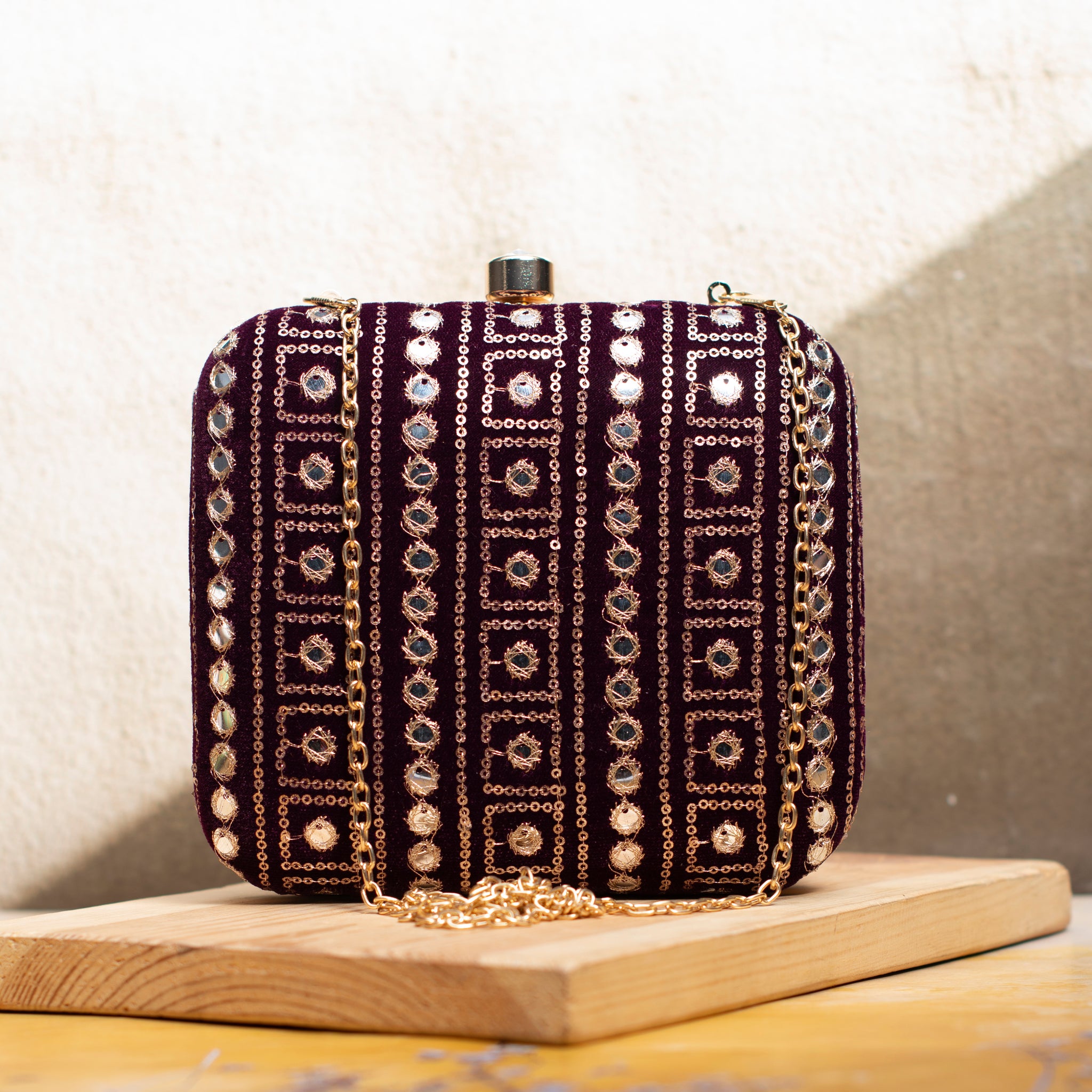 Maroon Mirror Sequins Embroidery Clutch