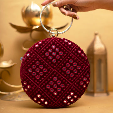 Maroon Sequins Embroidery Round Clutch