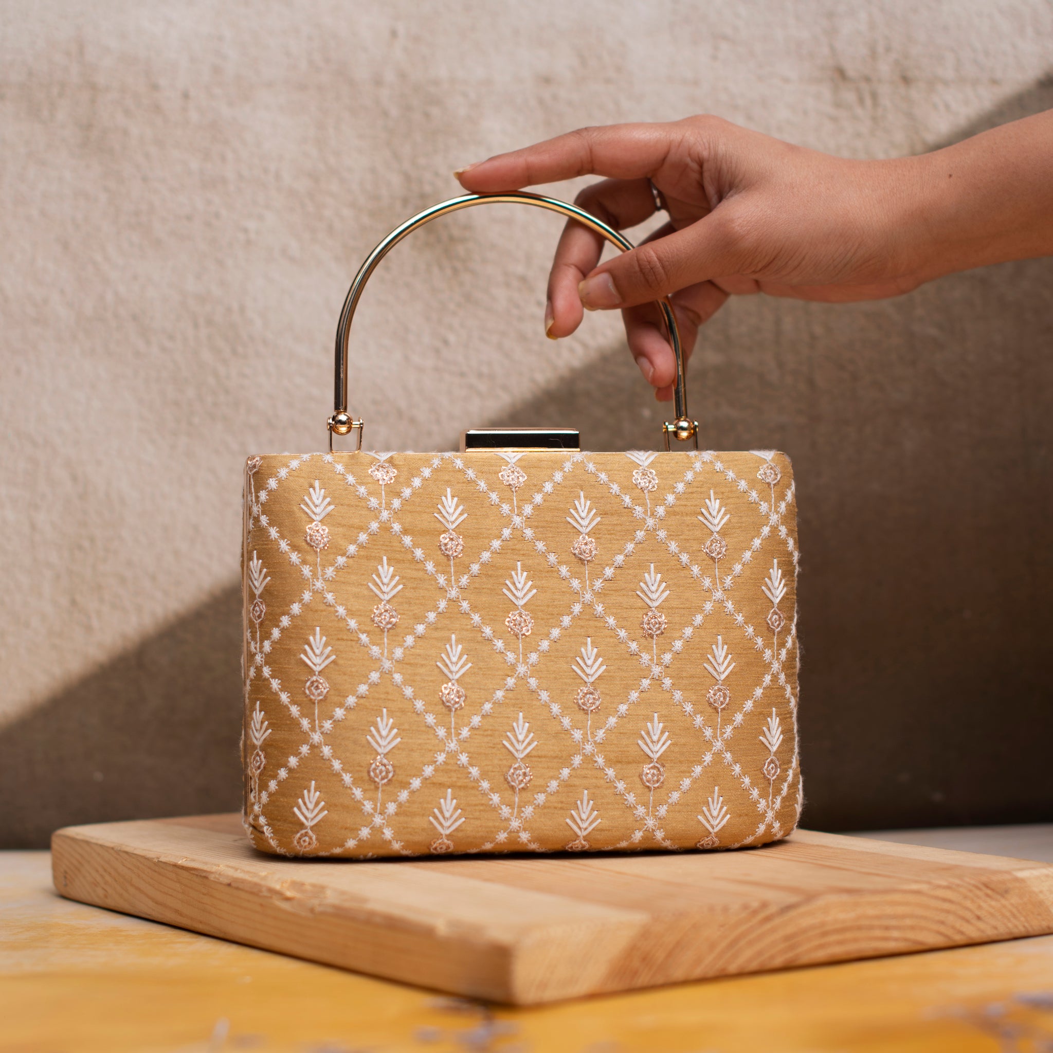 Beige Floral And Checks Embroidery Clutch