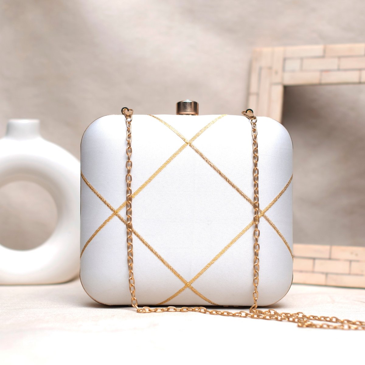 White And Golden Checks Embroidery Clutch