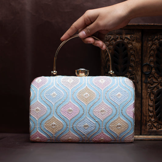 Light Blue Wavy Lines Embroidery Clutch
