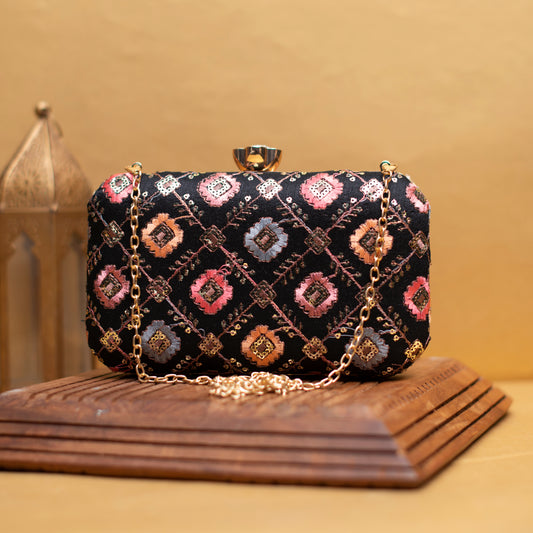 Black Sequins Multicolor Embroidery Clutch