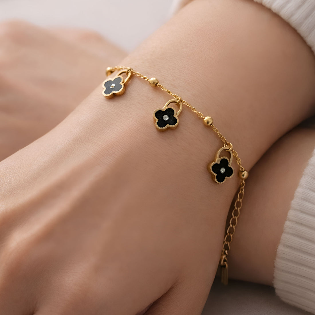 Artklim Gold Plated Black Clover Charm Bracelet