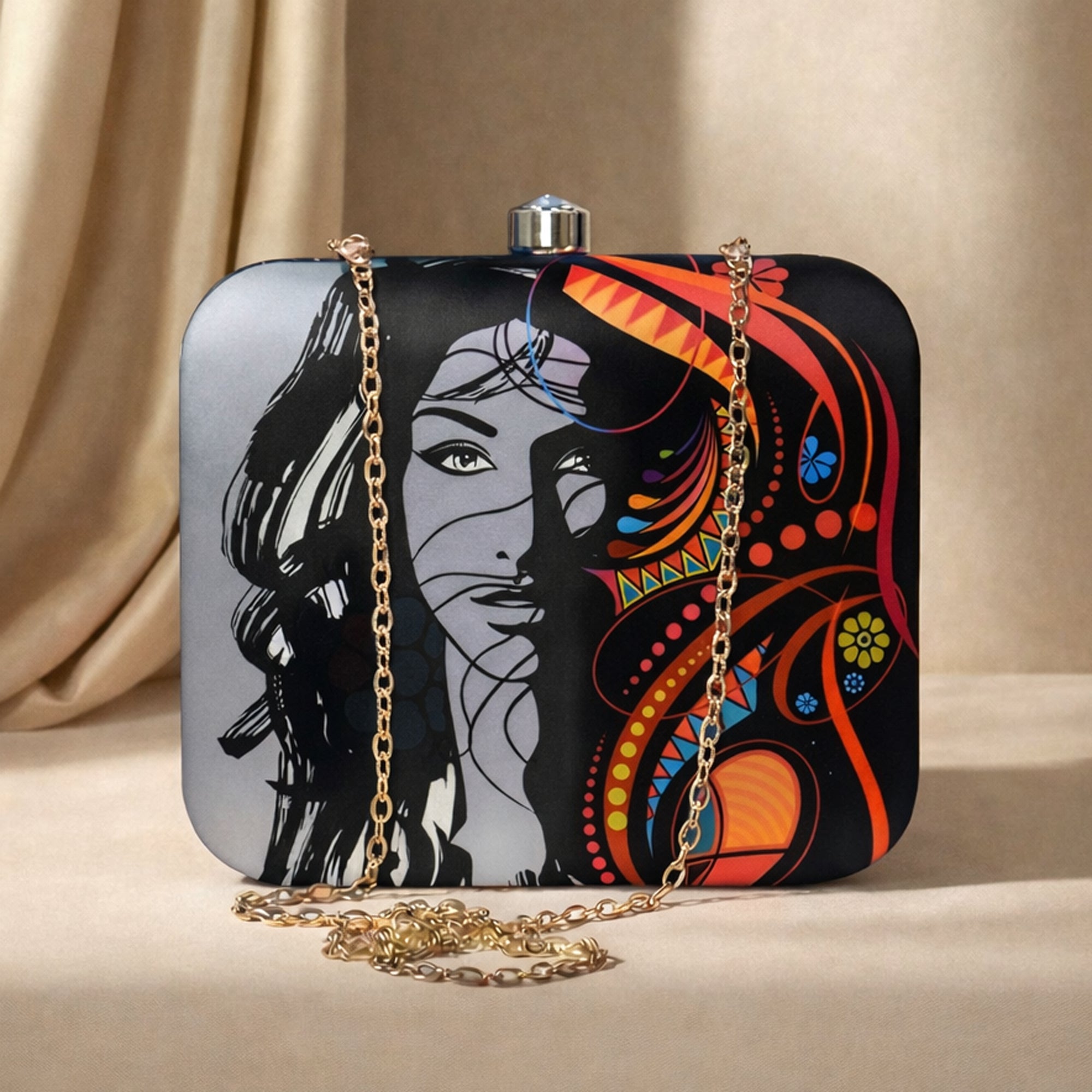 Artklim Women's Abstract Face Print Box Clutch with Chain
