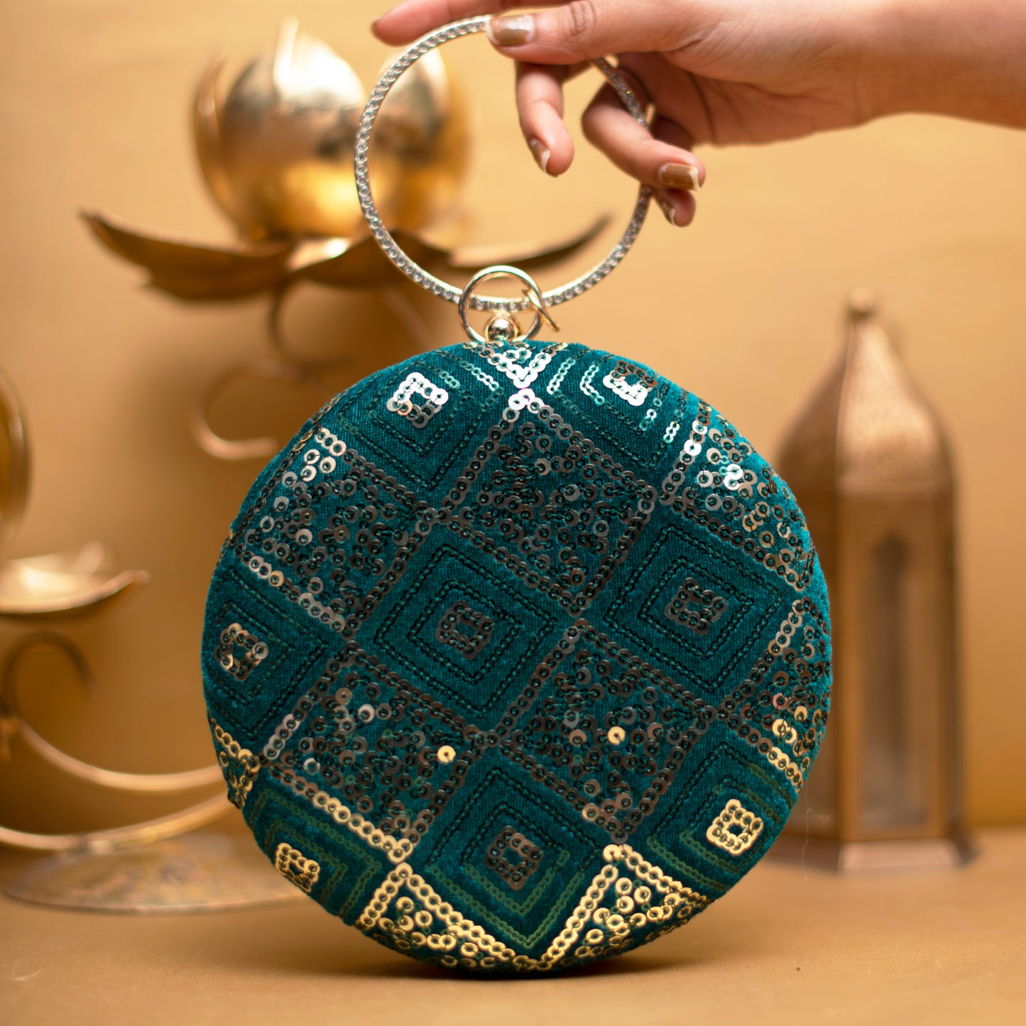 Sea Green Embroidery Round Clutch