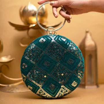 Sea Green Embroidery Round Clutch