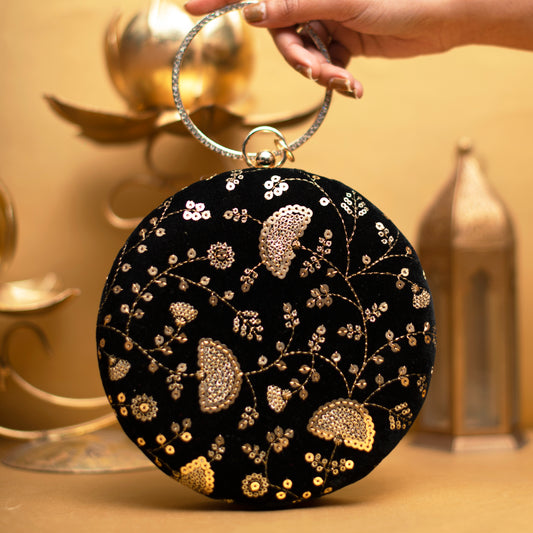 Black And Golden Embroidery Round Clutch
