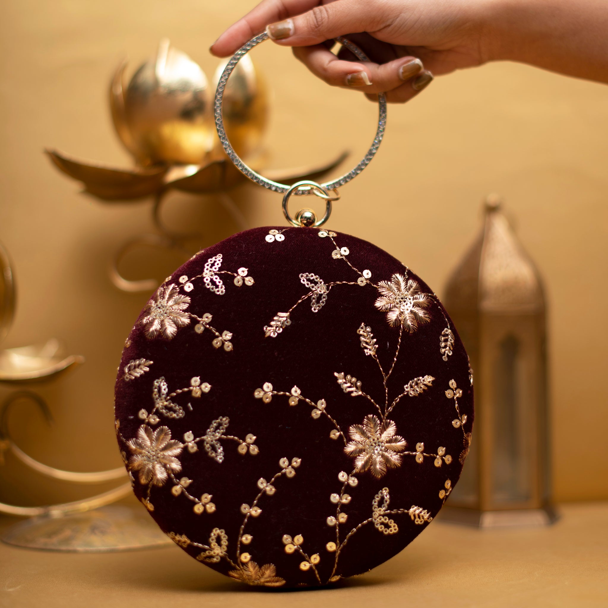 Maroon Floral Embroidery Round Clutch