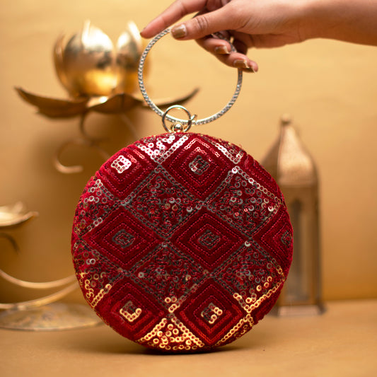 Golden Sequins Red Embroidery Round Clutch
