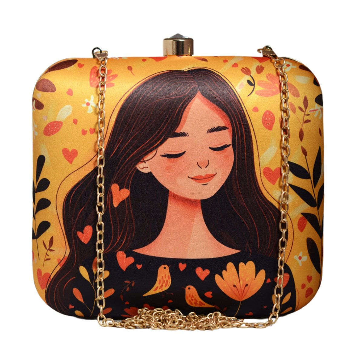 Yellow Girl And Birds Printed Clutch