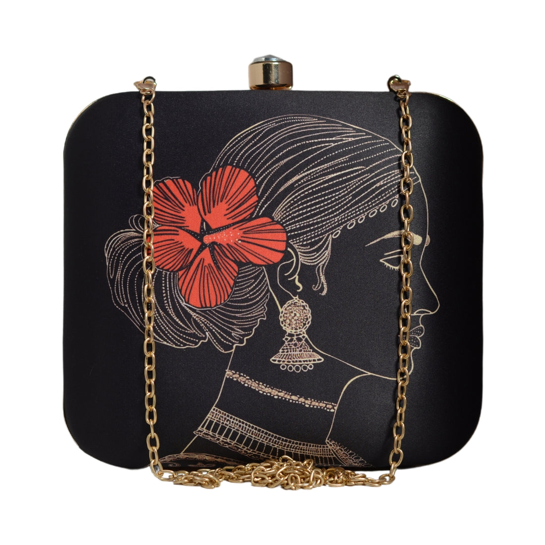 Black Floral Woman Printed Clutch