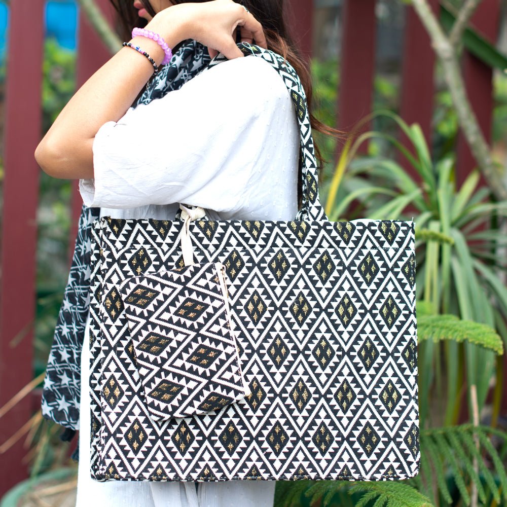 Multipattern Jacquard Box Style Tote bag