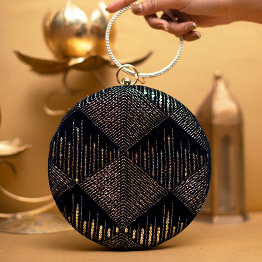 Black Sequins Embroidery Round Party Clutch