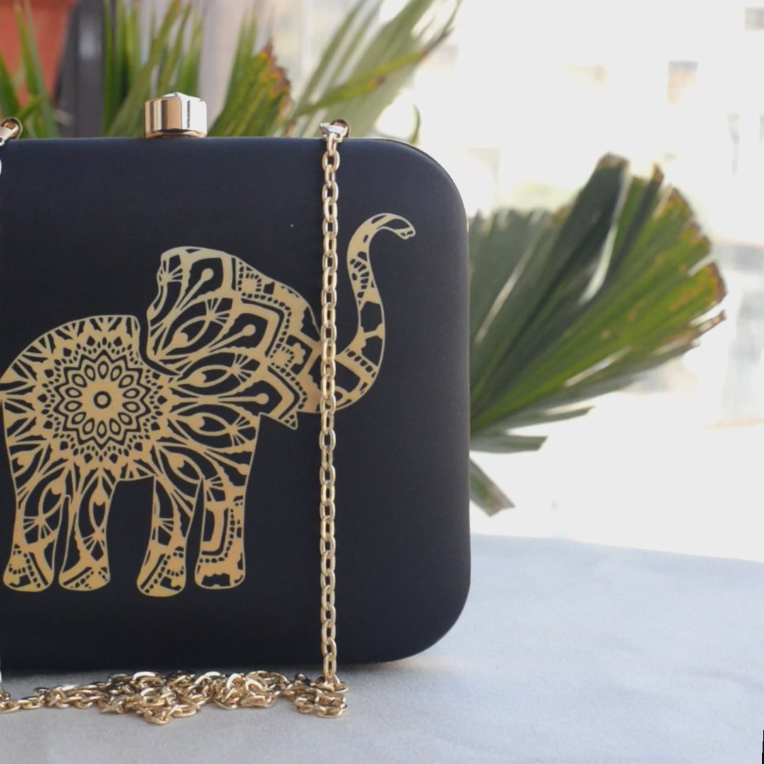 Artklim Black Mandala Elephant Printed Clutch Bag