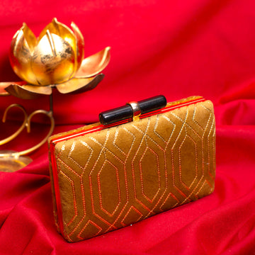 Golden Box Pattern Sequins Embroidery Clutch