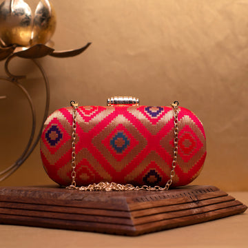 Red And Golden Brocade Fabric Clutch