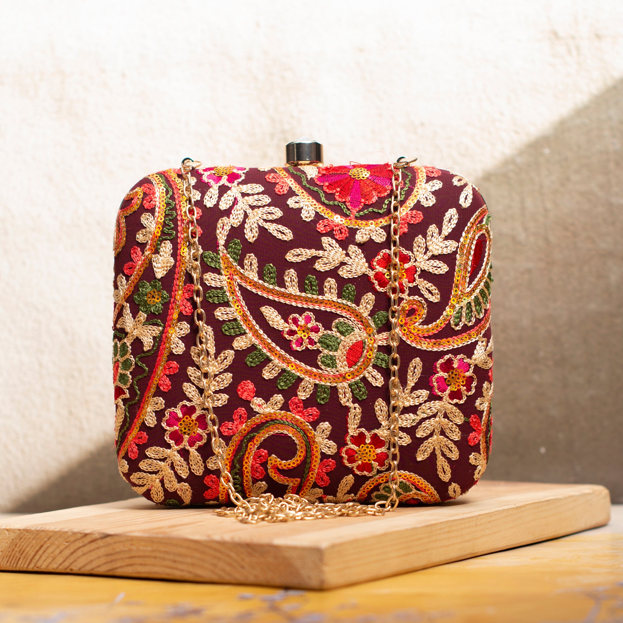 Maroon Multicolor Threadwork Embroidery Clutch