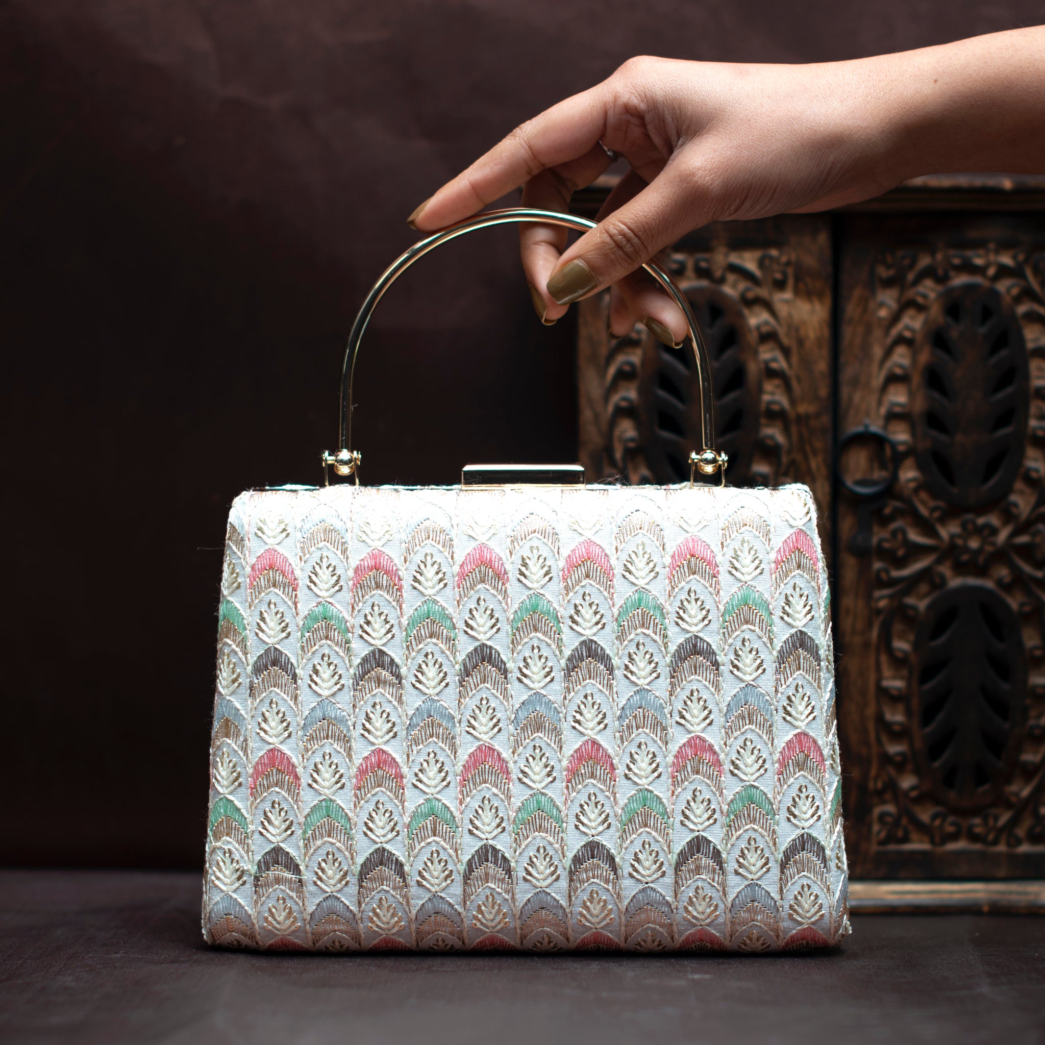 White Multicolor Embroidery Clutch