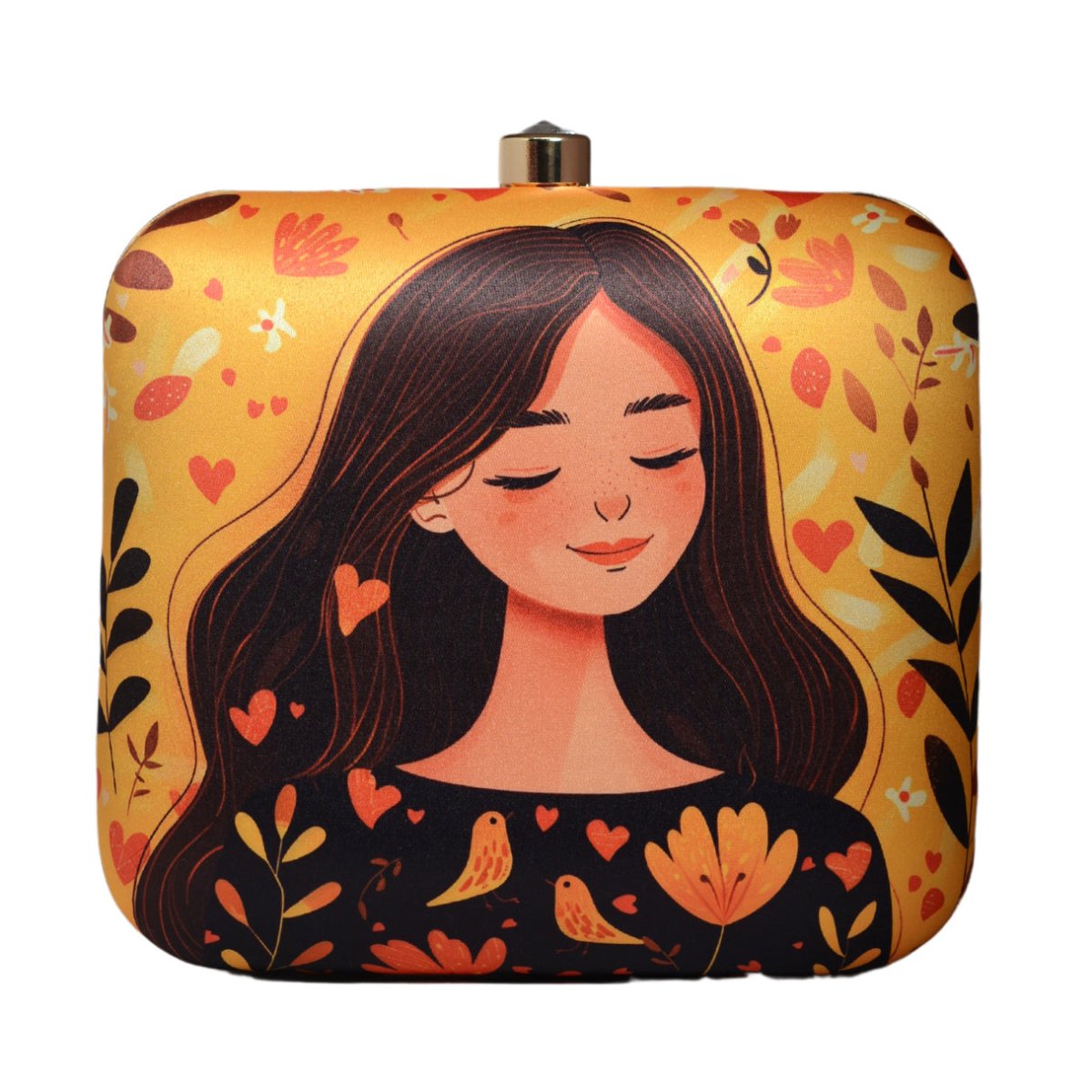 Yellow Girl And Birds Printed Clutch