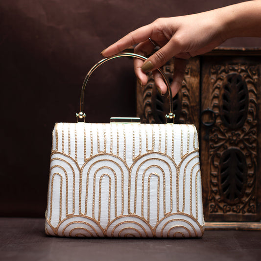 White And Golden Door Pattern Embroidery Clutch