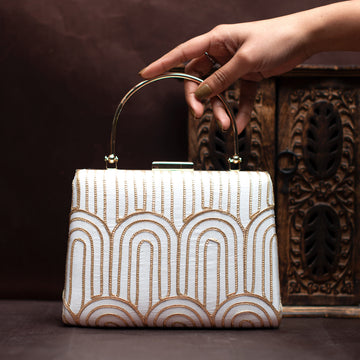 White And Golden Door Pattern Embroidery Clutch