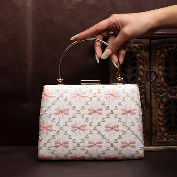 White and Pink Floral Embroidery Clutch