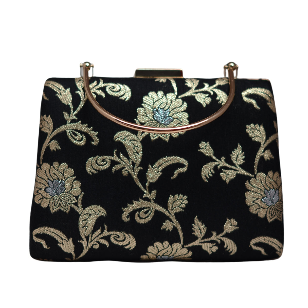 Black And Golden Floral Brocade Fabric Clutch